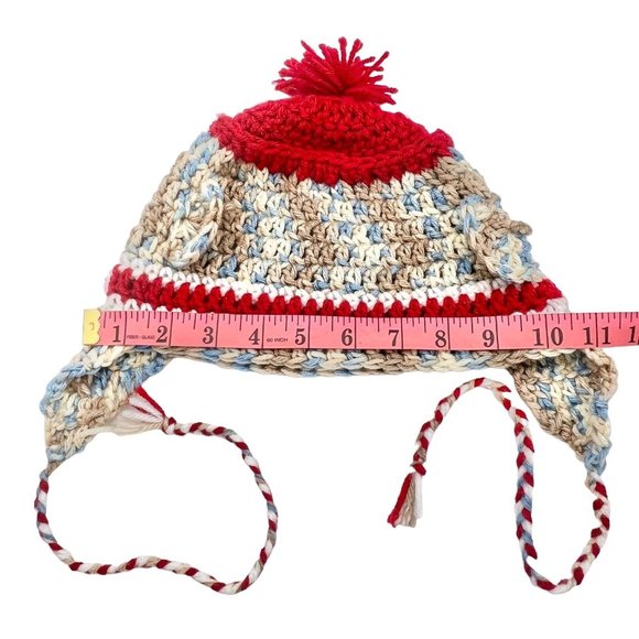 Crochet Hat Blues Browns Red with Ear Flaps and Ties and Pom Pom - Picture 6 of 9